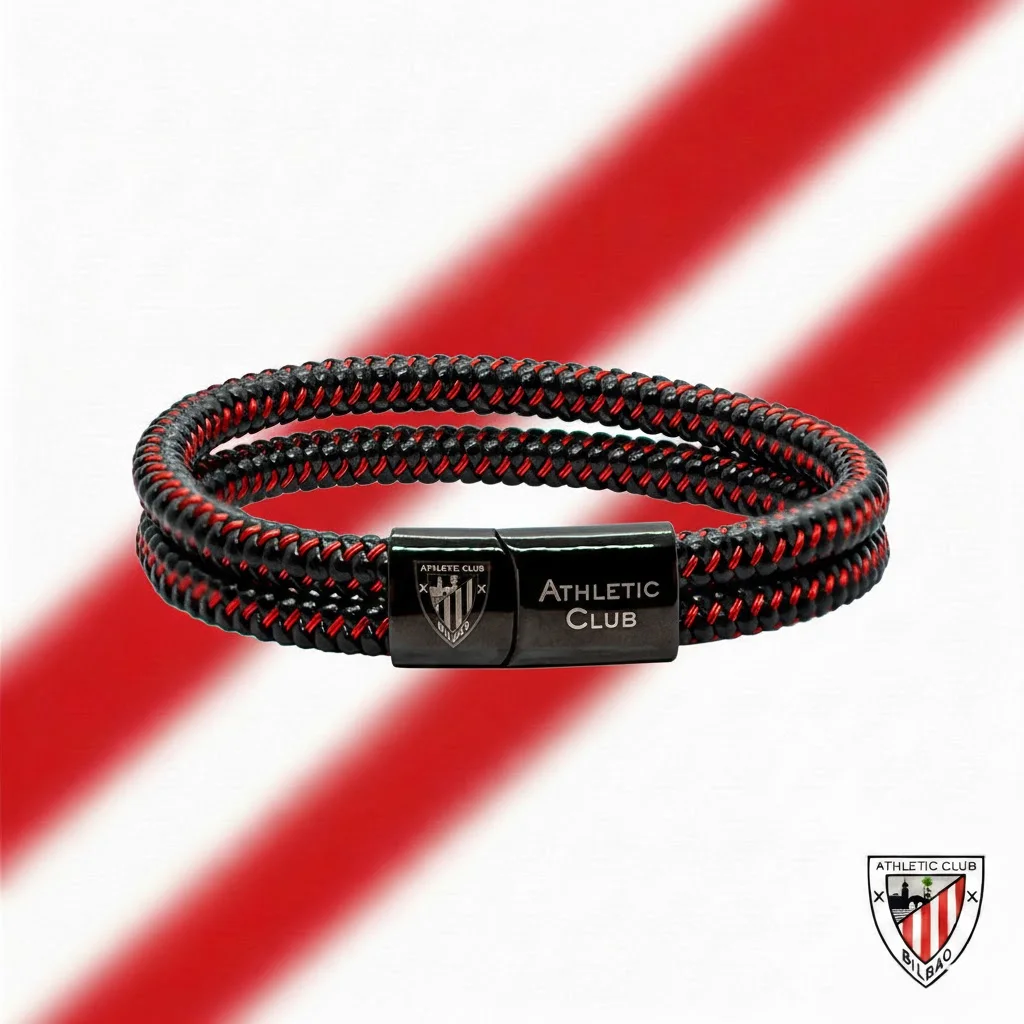 Pulsera de Cuero Trenzado, Cierre de Acero Cromado, Athletic Club Bilbao