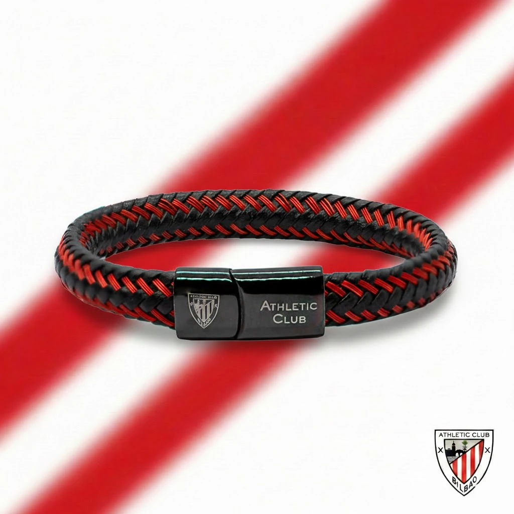 Pulsera de Cuero Trenzado, Cierre de Acero Cromado, Athletic Club Bilbao