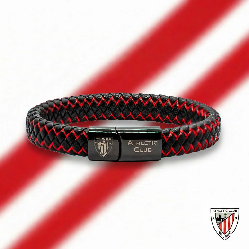 Pulsera de Cuero Trenzado, Cierre de Acero Cromado, Athletic Club Bilbao