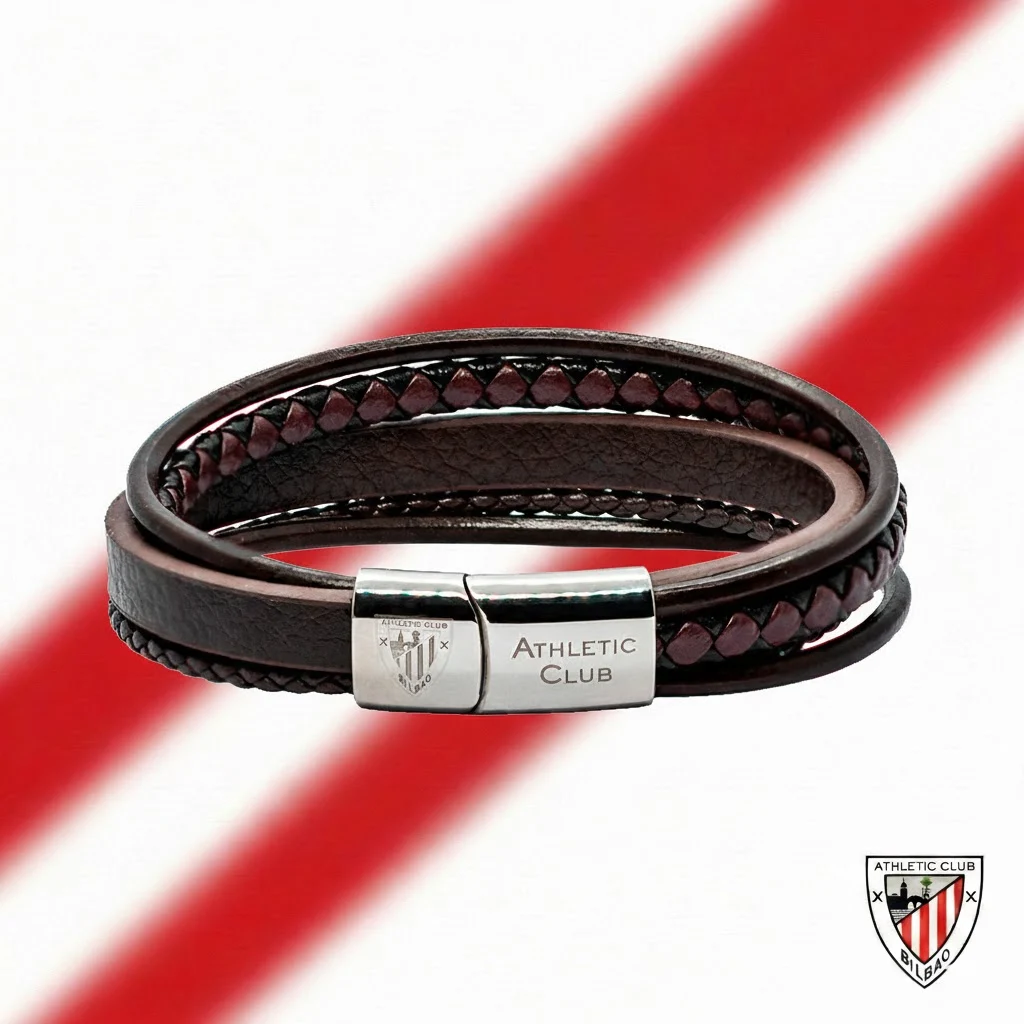 Pulsera de Cuero Trenzado marrón, Cierre de Acero Inoxidable, Athletic Club Bilbao