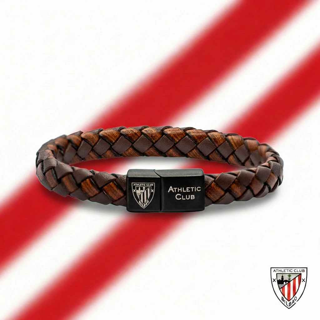 Pulsera de Cuero Trenzado marrón, Cierre de seguridad, Athletic Club Bilbao