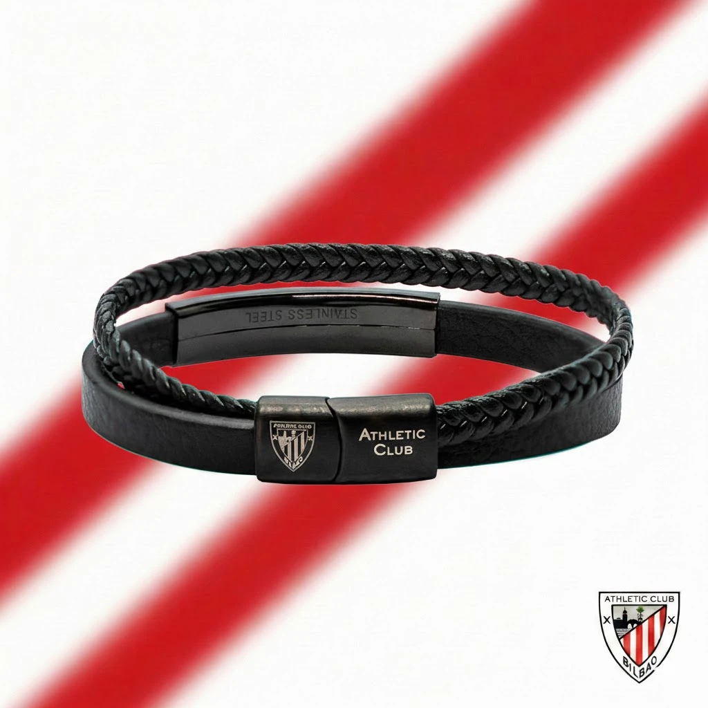 Pulsera de Cuero Trenzado negro, Cierre de seguridad, Athletic Club Bilbao