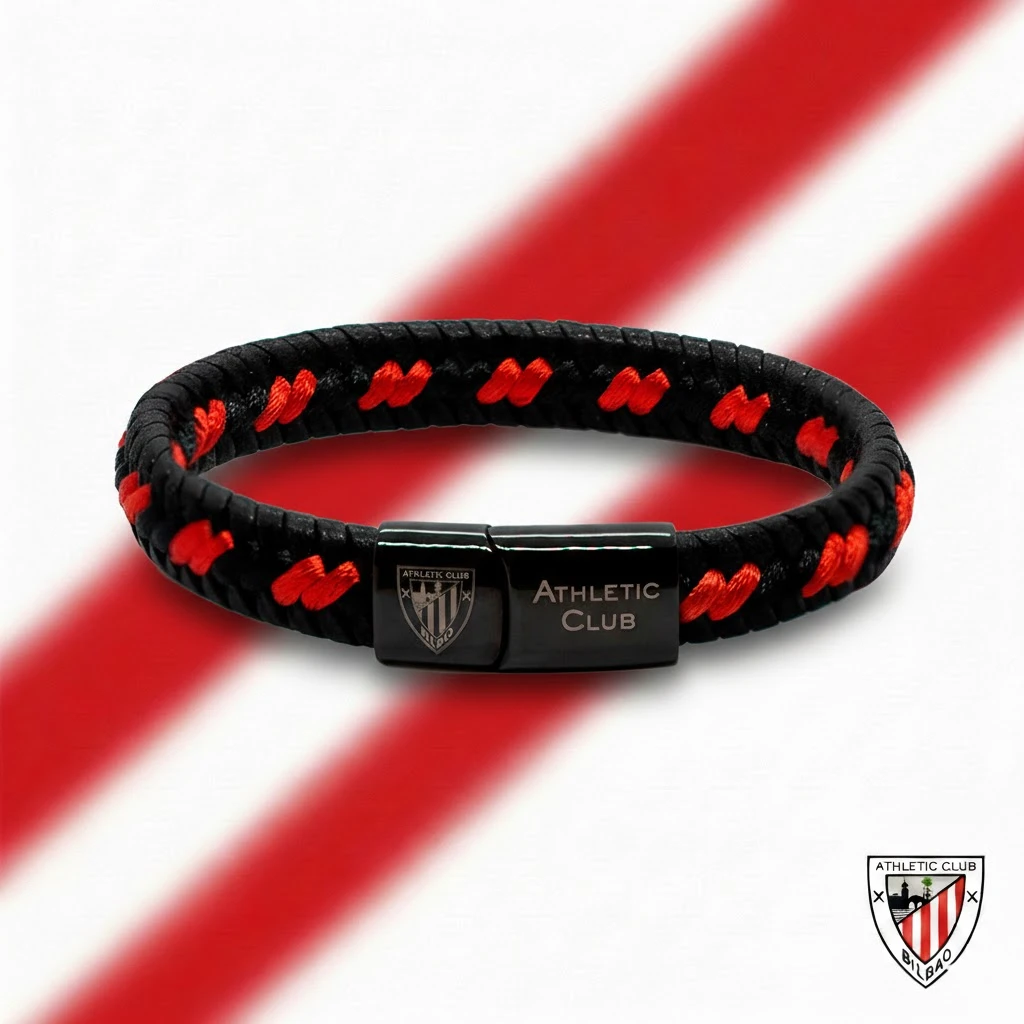 Pulsera de Cuero Trenzado negro y cordón de nailon rojo, Athletic Club Bilbao