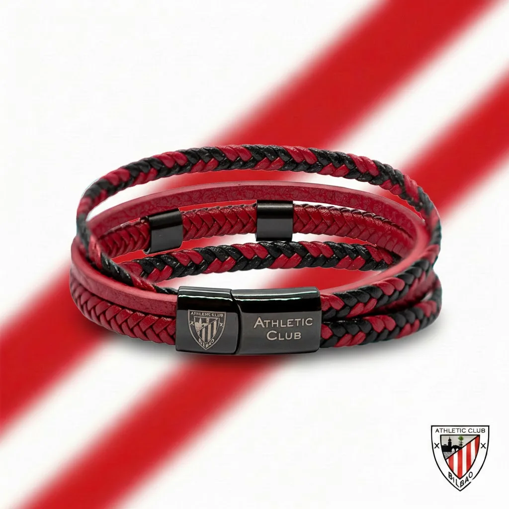 Pulsera de Cuero Trenzado rojo, Cierre de seguridad, Athletic Club Bilbao