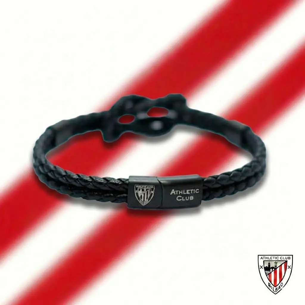 Pulsera de Piel Trenzada Negra con Nudo Marinero Athletic Club Bilbao