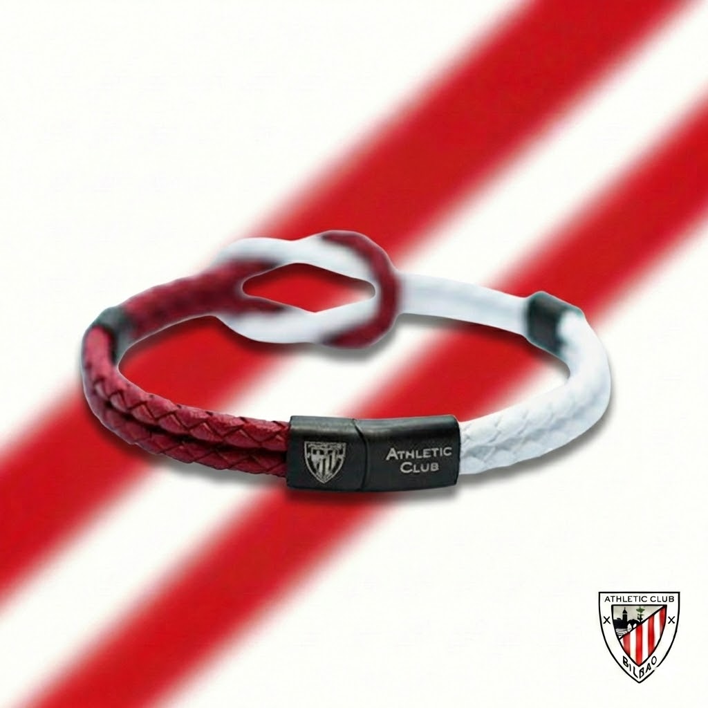 Pulsera de Piel Trenzada Roja y Blanca con Nudo Marinero Athletic Club Bilbao