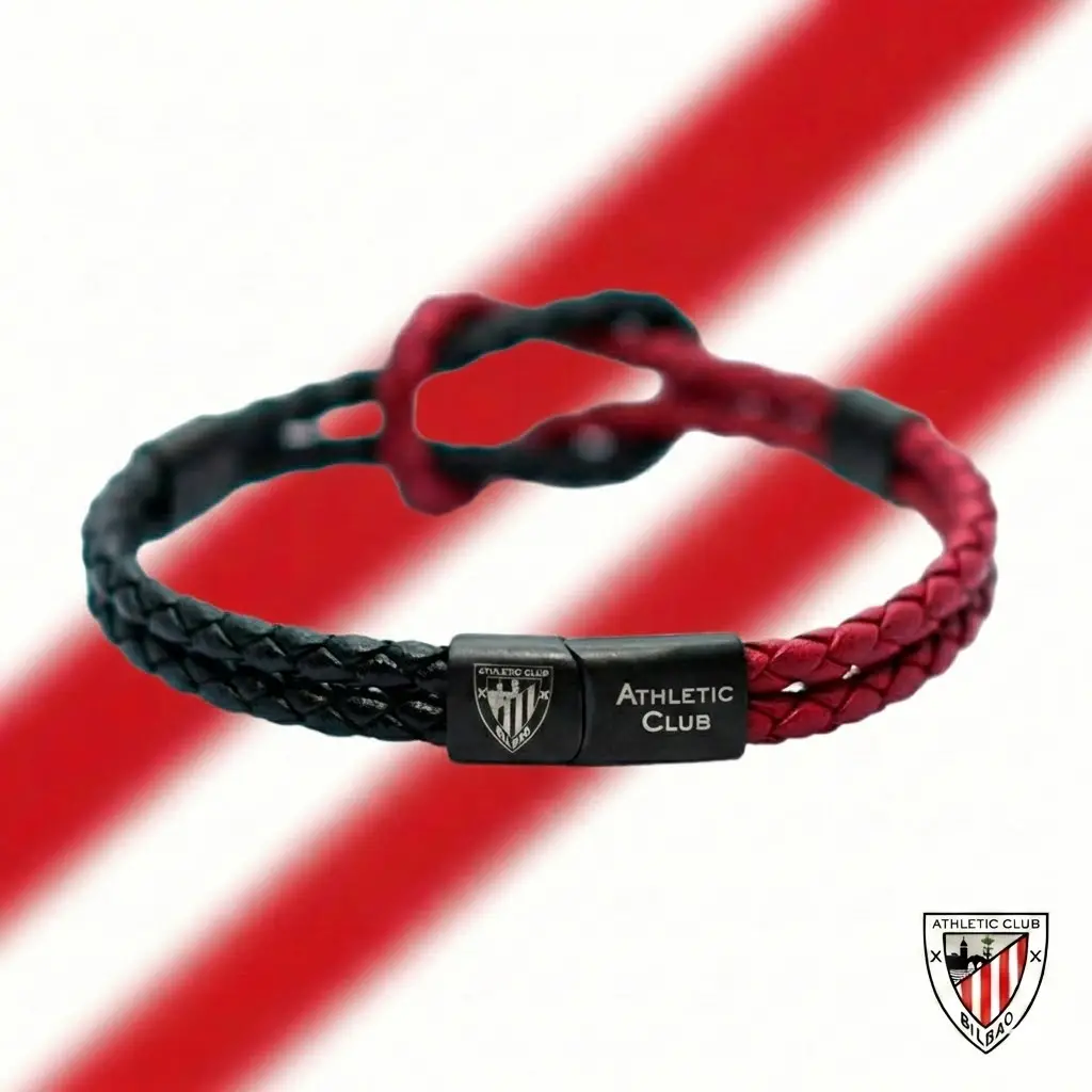 Pulsera de Piel Trenzada Roja y Negra con Nudo Marinero Athletic Club Bilbao