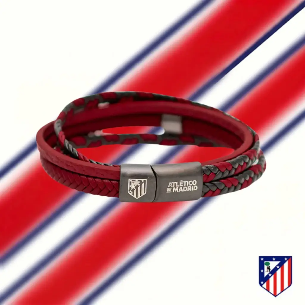 Pulsera de Cuero Trenzado rojo, Cierre de seguridad, Atlético de Madrid