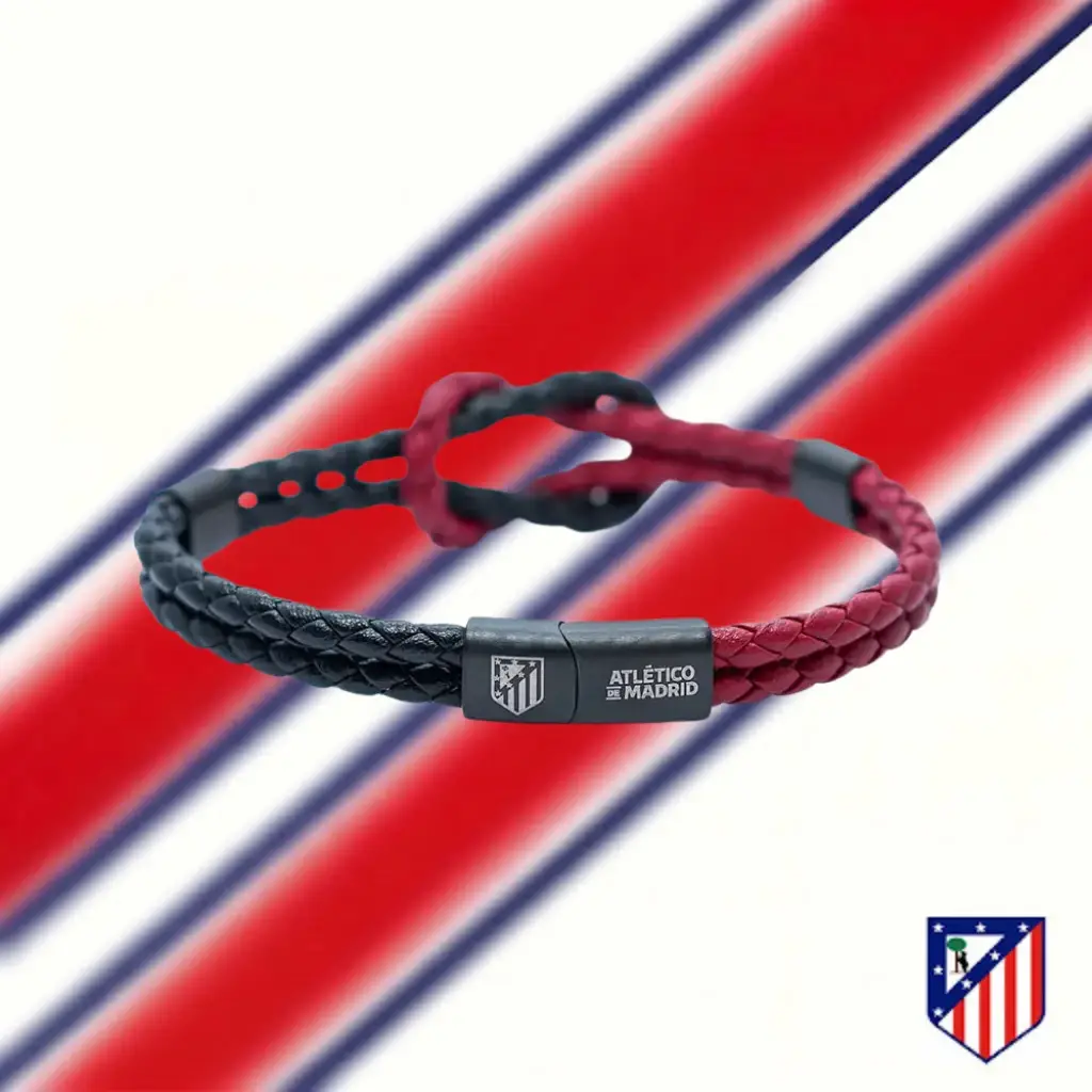 Pulsera de Piel Trenzada Roja y Negra con Nudo Marinero Atlético de Madrid