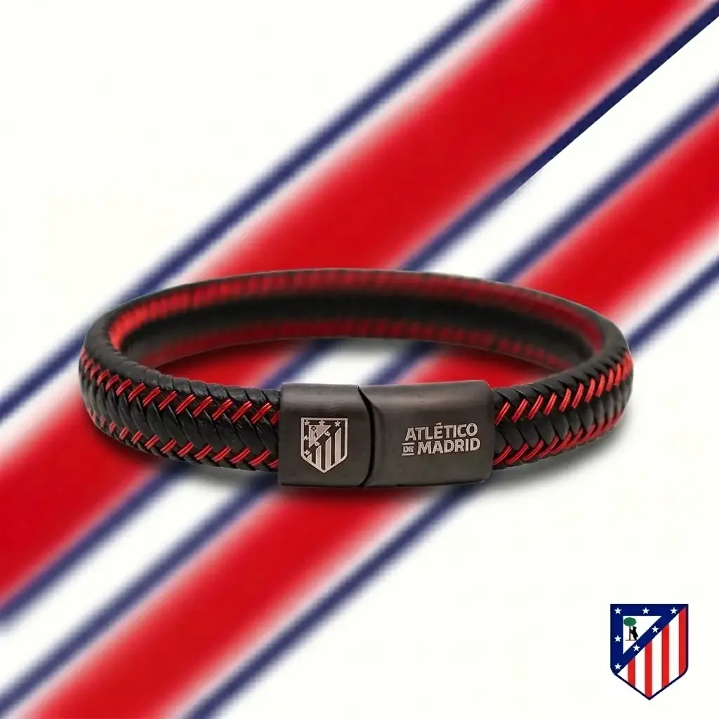 Pulsera de Cuero Trenzado, Cierre de Acero Cromado, Atlético de Madrid