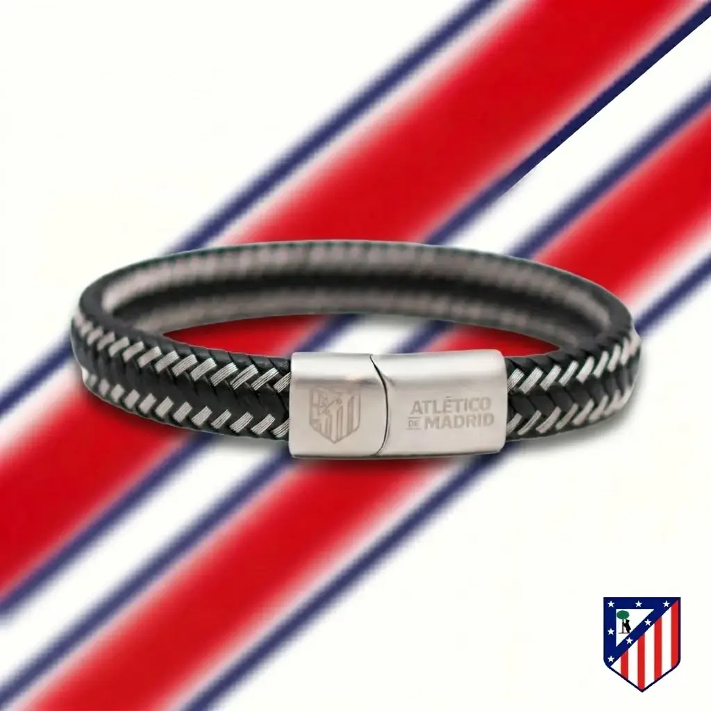 Pulsera de Cuero Trenzado, Cierre de Acero Inoxidable, Atlético de Madrid