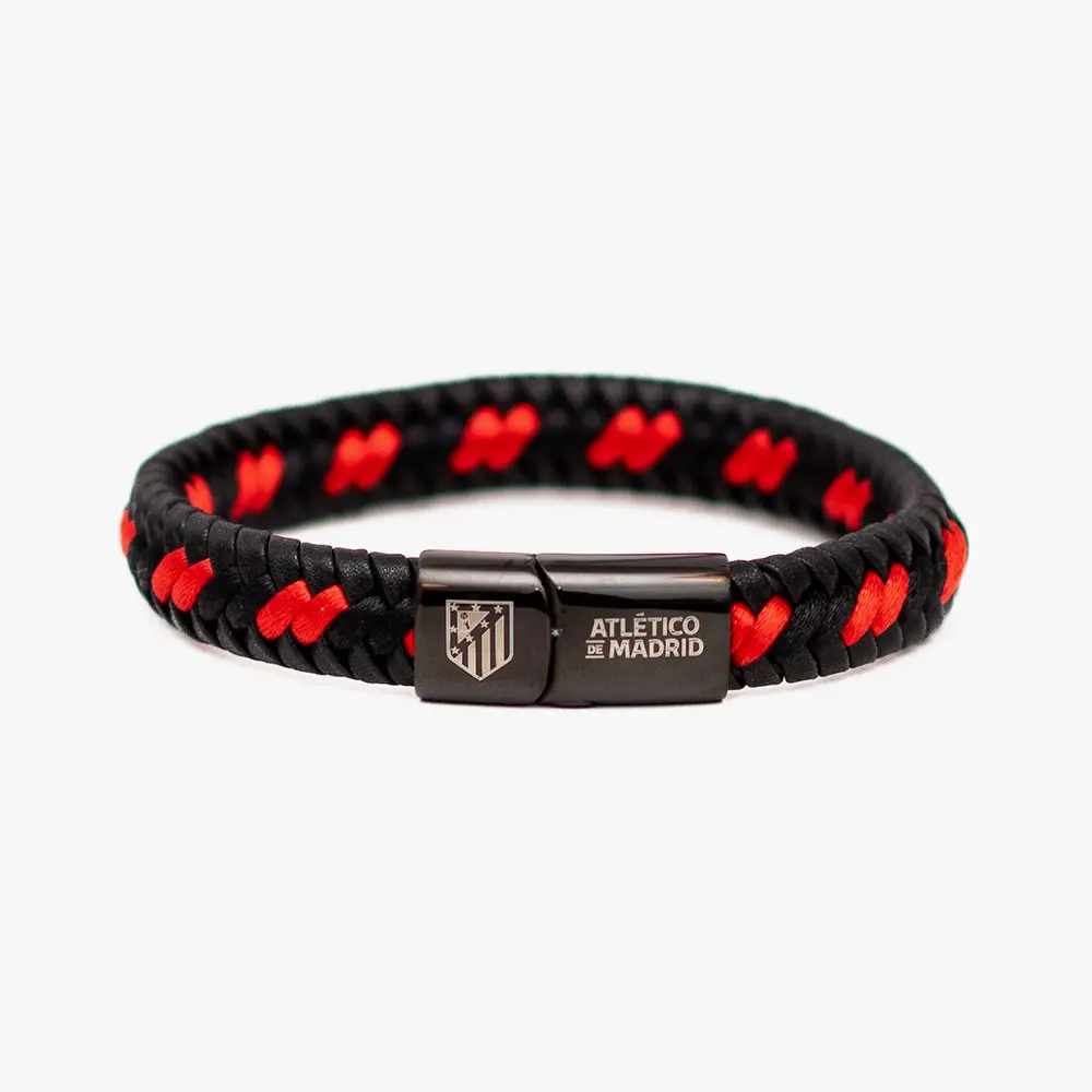 Pulsera de Cuero Trenzado, Cierre de Acero Cromado, Atlético de Madrid