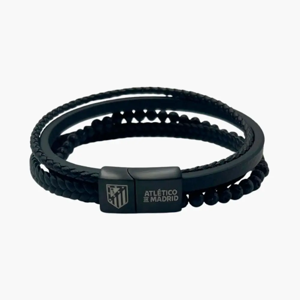 Pulsera de Cuero Trenzado negro, Cierre de seguridad, Atlético de Madrid